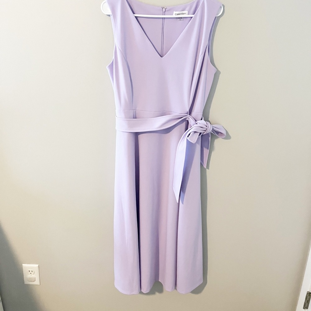 Calvin Klein Lilac Purple V-Neck Sleeveless Belted Midi A-Line Dress Size 12
